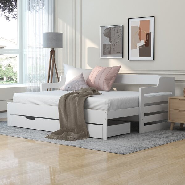 Extendable Sofa Bed with Pull-Out Trundle, Sleeping Sofa with Storage Drawer for Living Room, Bedroom, 194L x 180W x 66H cm, White Aosom.UK