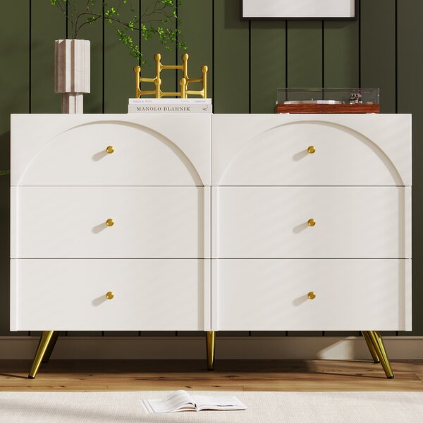 Sideboard Cabinet with 6 Drawers, Height Ajustable Storage Cabinet with Wood and Metal Construction for Living Rooms & Kitchen, 120L x 40W x 85H cm, White Aosom UK