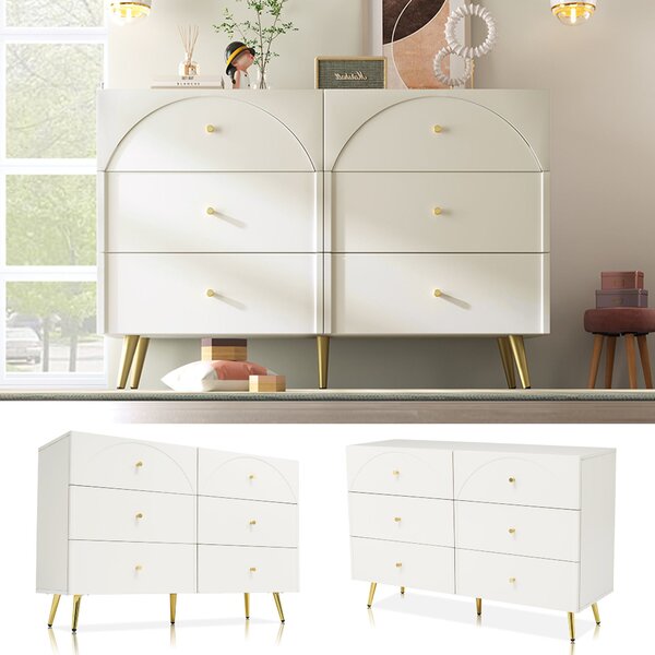 Sideboard Cabinet with 6 Drawers, Height Ajustable Storage Cabinet with Wood and Metal Construction for Living Rooms & Kitchen, 120L x 40W x 85H cm, White Aosom UK