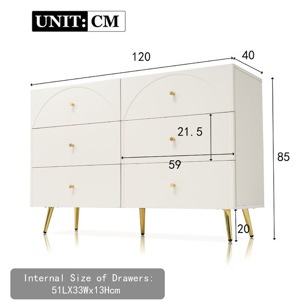 Sideboard Cabinet with 6 Drawers, Height Ajustable Storage Cabinet with Wood and Metal Construction for Living Rooms & Kitchen, 120L x 40W x 85H cm, White Aosom UK