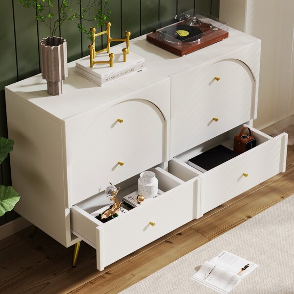 Sideboard Cabinet with 6 Drawers, Height Ajustable Storage Cabinet with Wood and Metal Construction for Living Rooms & Kitchen, 120L x 40W x 85H cm, White Aosom UK