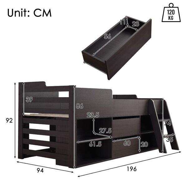 Children's Wooden Mid Sleeper Cabin Bed with Drawers and Shelves Storage, Versatile Bed Frame for Bedroom, 196L x 94W x 92H cm, Taupe Aosom.UK