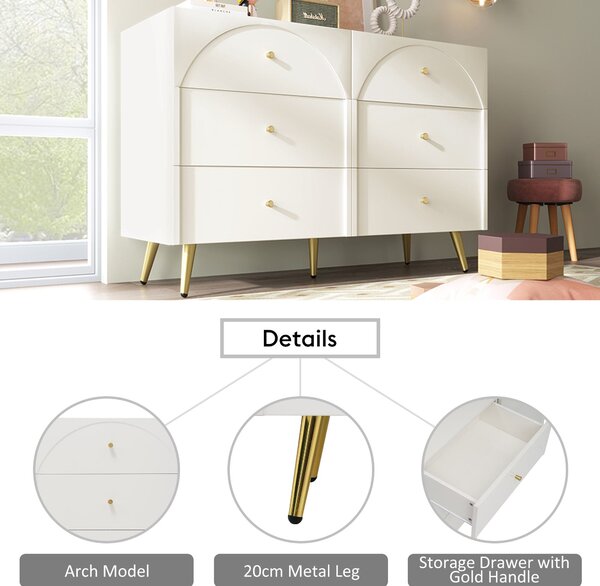 Sideboard Cabinet with 6 Drawers, Height Ajustable Storage Cabinet with Wood and Metal Construction for Living Rooms & Kitchen, 120L x 40W x 85H cm, White Aosom UK