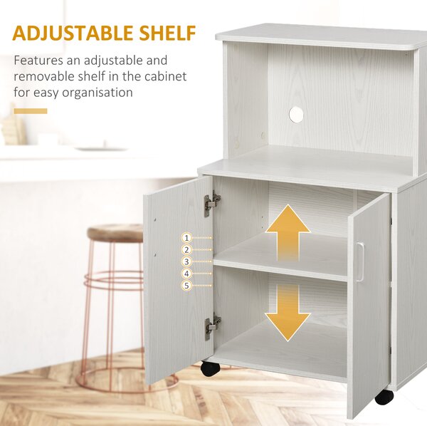 HOMCOM Kitchen Trolley: Mobile Microwave Stand with Storage Cabinets, White Bookcase on Wheels Aosom UK