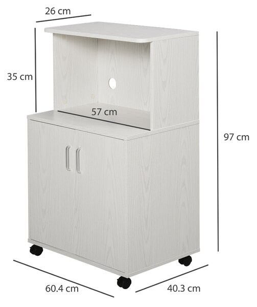 HOMCOM Kitchen Trolley: Mobile Microwave Stand with Storage Cabinets, White Bookcase on Wheels Aosom UK