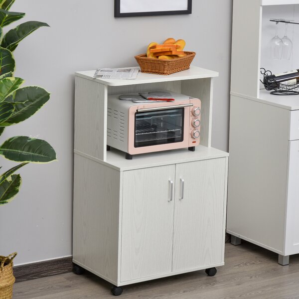 HOMCOM Kitchen Trolley: Mobile Microwave Stand with Storage Cabinets, White Bookcase on Wheels Aosom UK
