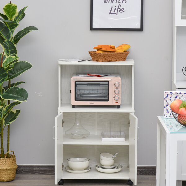 HOMCOM Kitchen Trolley: Mobile Microwave Stand with Storage Cabinets, White Bookcase on Wheels Aosom UK