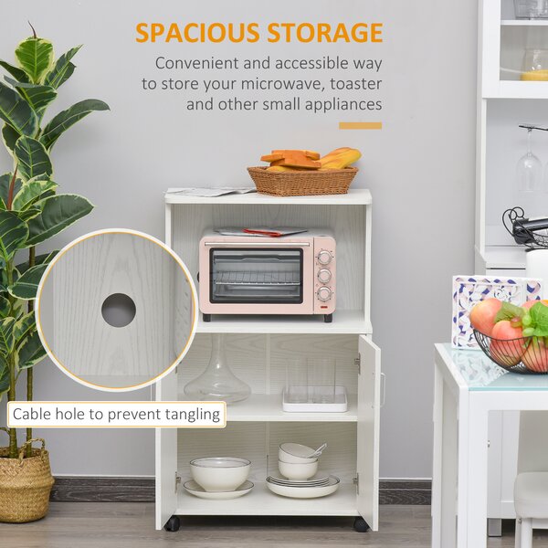 HOMCOM Kitchen Trolley: Mobile Microwave Stand with Storage Cabinets, White Bookcase on Wheels Aosom UK