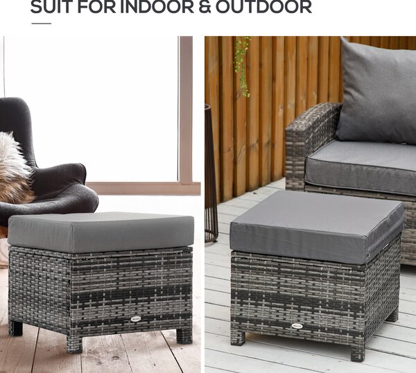 Outsunny Rattan Footstool Wicker Ottoman with Padded Seat Cushion Outdoor Patio Furniture for Backyard Garden Poolside Living Room 50x50x35cm Grey
