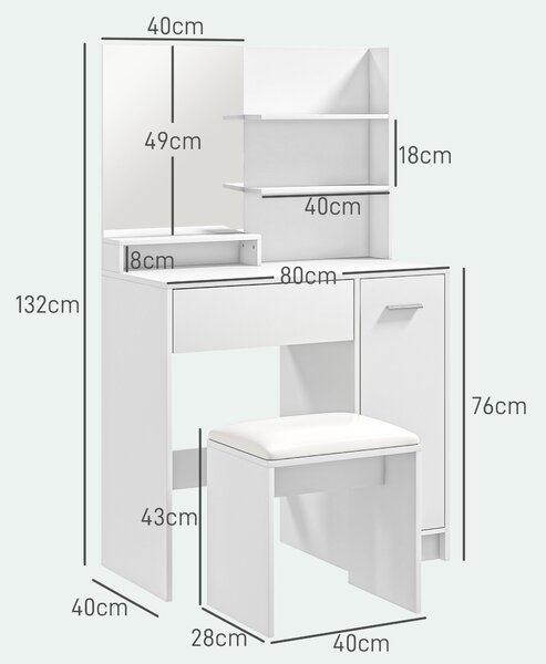 HOMCOM Dressing Table with Mirror and Stool, Vanity Table, Modern Makeup Desk with Drawer, Storage Cabinet and Adjustable Shelf for Bedroom, White
