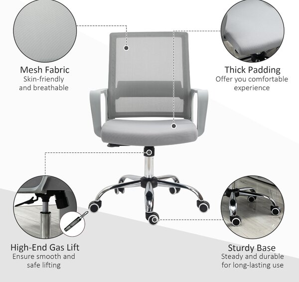 Vinsetto Ergonomic Office Chair, Mesh, with Arms, Adjustable Lumbar Support, Smooth 360° Swivel, Grey Aosom UK