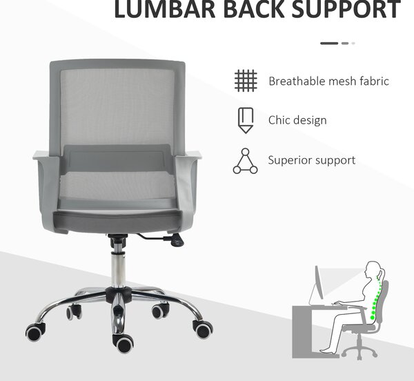 Vinsetto Ergonomic Office Chair, Mesh, with Arms, Adjustable Lumbar Support, Smooth 360° Swivel, Grey Aosom UK