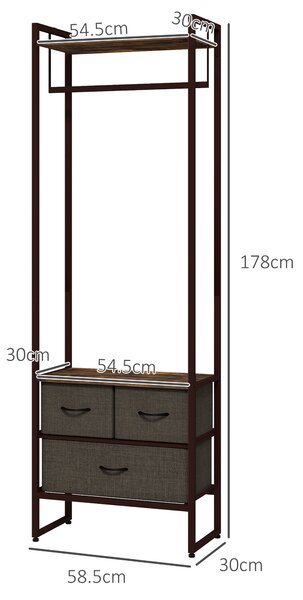 HOMCOM Free Standing Clothes Rail with 3 Fabric Drawers and Storage Shelves, Garment Rack, Hanging Rail for Hallway, Rustic