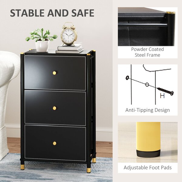 HOMCOM Chest of Drawers, Fabric Dresser with 3 Drawers and Steel Frame, Storage Organizer Unit for Bedroom, Living Room, Hallway, Black Aosom UK