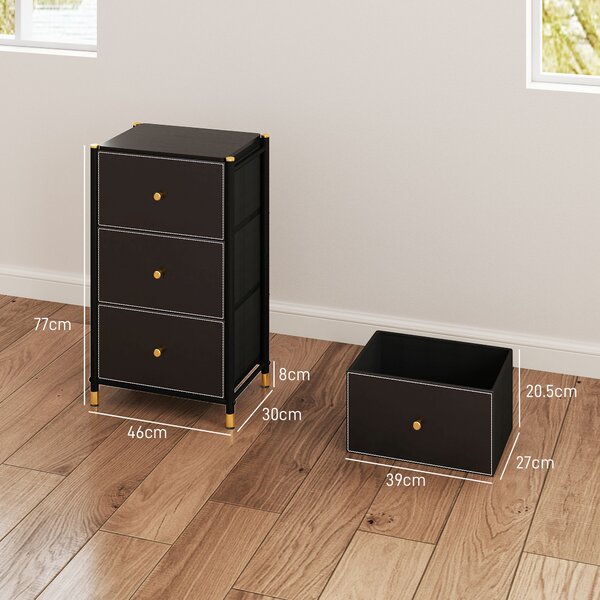 HOMCOM Chest of Drawers, Fabric Dresser with 3 Drawers and Steel Frame, Storage Organizer Unit for Bedroom, Living Room, Hallway, Black Aosom UK