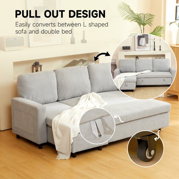 HOMCOM Pull Out Sofa Bed with Storage, 4 Seater Sofa Bed with Reversible Chaise and Side Pockets, Scratch Anti, Light Grey Aosom UK