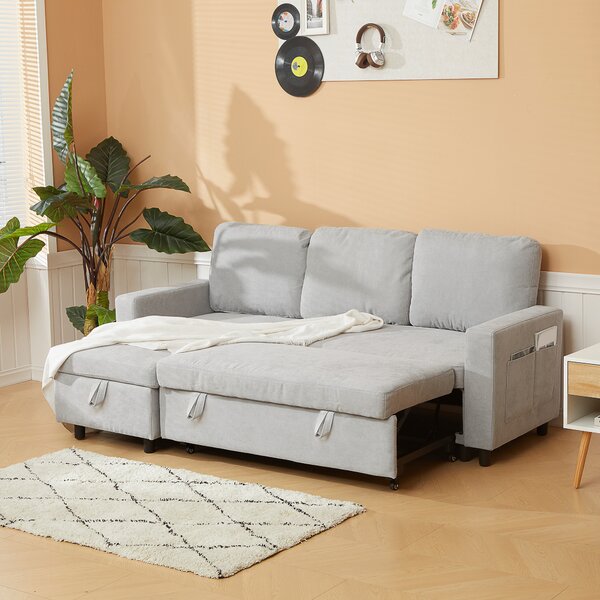 HOMCOM Pull Out Sofa Bed with Storage, 4 Seater Sofa Bed with Reversible Chaise and Side Pockets, Scratch Anti, Light Grey Aosom UK