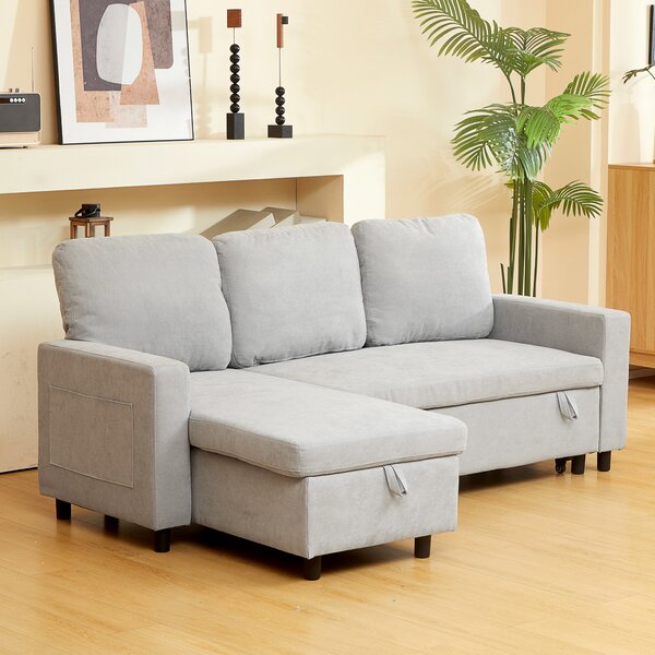 HOMCOM Pull Out Sofa Bed with Storage, 4 Seater Sofa Bed with Reversible Chaise and Side Pockets, Scratch Anti, Light Grey Aosom UK