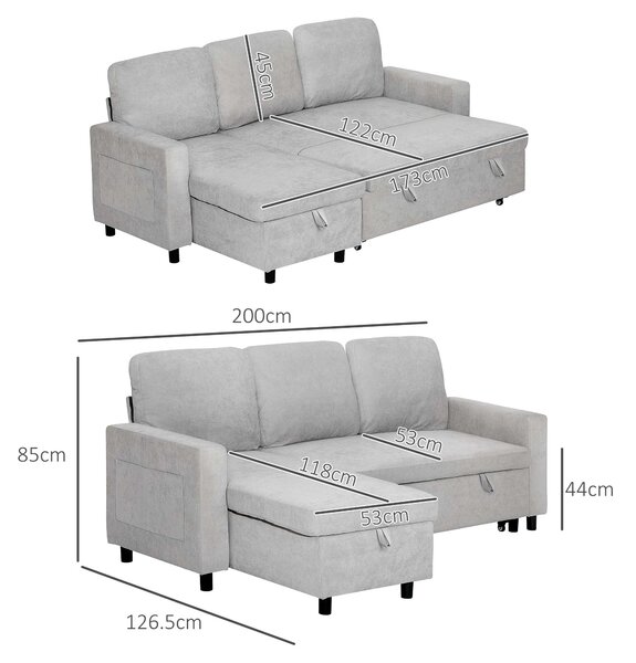 HOMCOM Pull Out Sofa Bed with Storage, 4 Seater Sofa Bed with Reversible Chaise and Side Pockets, Scratch Anti, Light Grey Aosom UK