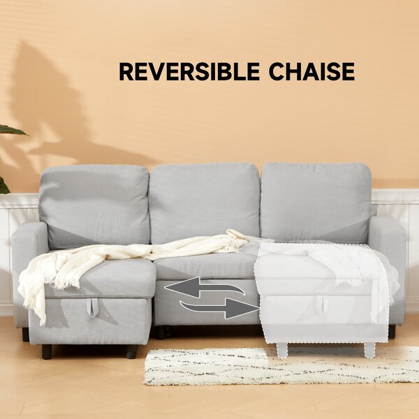 HOMCOM Pull Out Sofa Bed with Storage, 4 Seater Sofa Bed with Reversible Chaise and Side Pockets, Scratch Anti, Light Grey Aosom UK