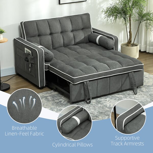 HOMCOM Two-Seater Linen-Look Sofa Bed - Charcoal Grey Aosom UK