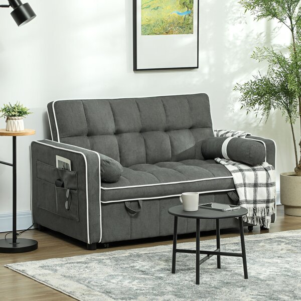 HOMCOM Two-Seater Linen-Look Sofa Bed - Charcoal Grey Aosom UK