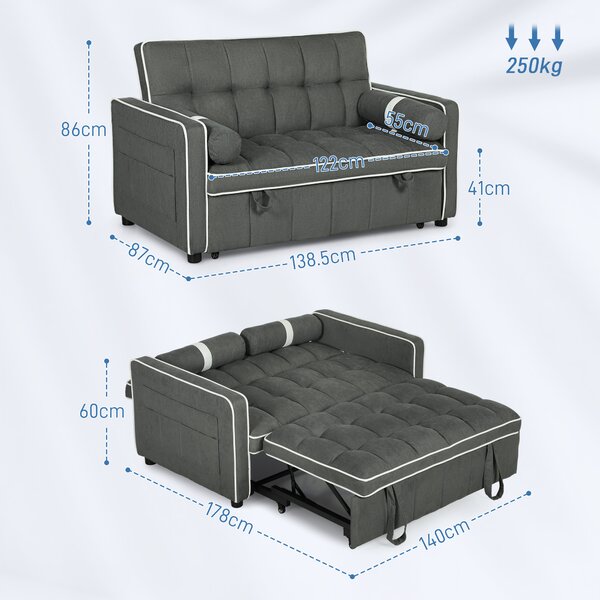 HOMCOM Two-Seater Linen-Look Sofa Bed - Charcoal Grey Aosom UK