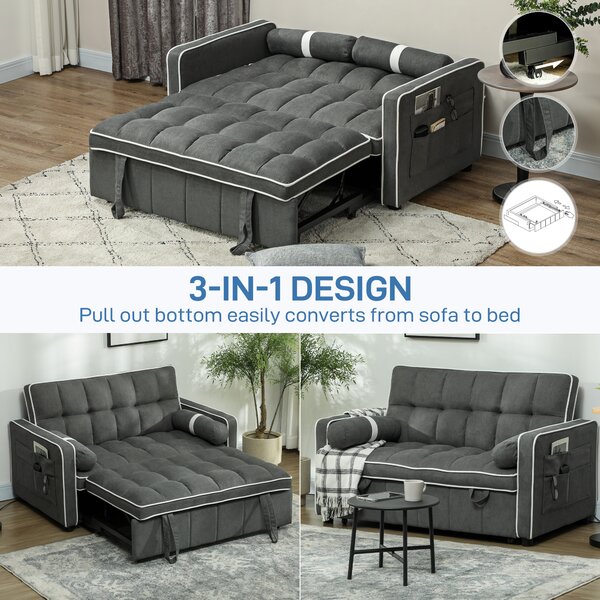 HOMCOM Two-Seater Linen-Look Sofa Bed - Charcoal Grey Aosom UK