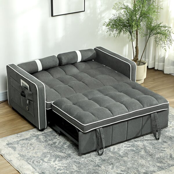 HOMCOM Two-Seater Linen-Look Sofa Bed - Charcoal Grey Aosom UK