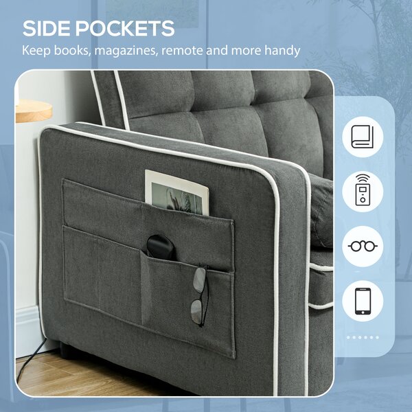 HOMCOM Two-Seater Linen-Look Sofa Bed - Charcoal Grey Aosom UK