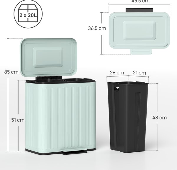 HOMCOM 40L Dual Compartment Rubbish Bin, with Soft-Close Lid - Green