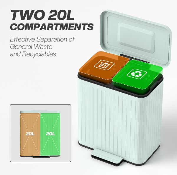 HOMCOM 40L Dual Compartment Rubbish Bin, with Soft-Close Lid - Green