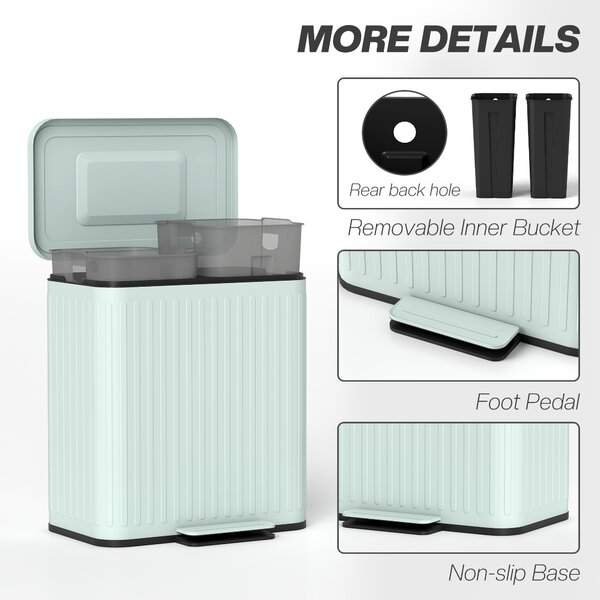 HOMCOM 40L Dual Compartment Rubbish Bin, with Soft-Close Lid - Green