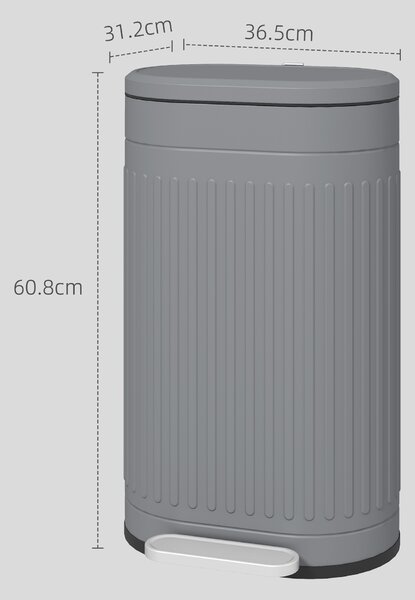 HOMCOM 30 Litre Pedal Bin, Fingerprint Proof Kitchen Bin with Soft-close Lid, Metal Rubbish Bin with Foot Pedal, Grey Aosom UK