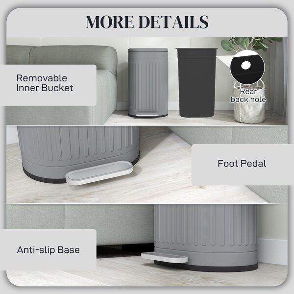HOMCOM 30 Litre Pedal Bin, Fingerprint Proof Kitchen Bin with Soft-close Lid, Metal Rubbish Bin with Foot Pedal, Grey Aosom UK
