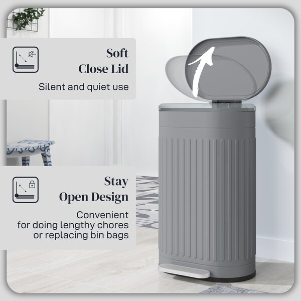 HOMCOM 30 Litre Pedal Bin, Fingerprint Proof Kitchen Bin with Soft-close Lid, Metal Rubbish Bin with Foot Pedal, Grey Aosom UK