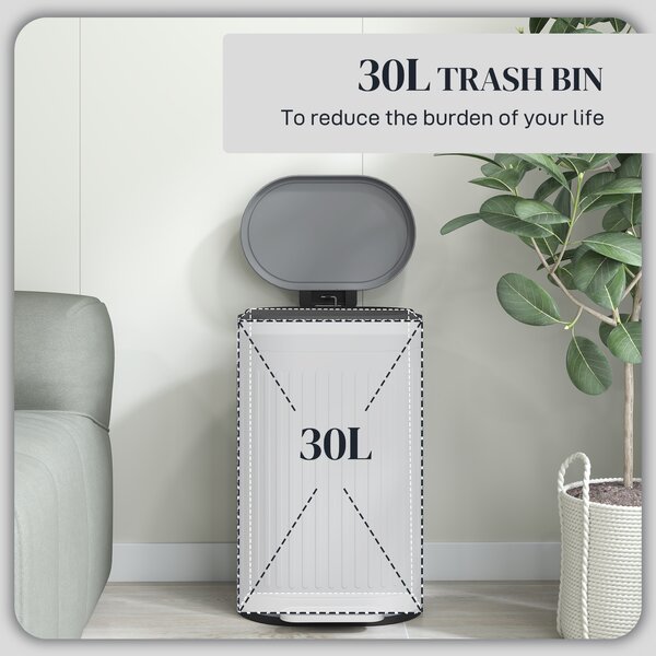 HOMCOM 30 Litre Pedal Bin, Fingerprint Proof Kitchen Bin with Soft-close Lid, Metal Rubbish Bin with Foot Pedal, Grey Aosom UK