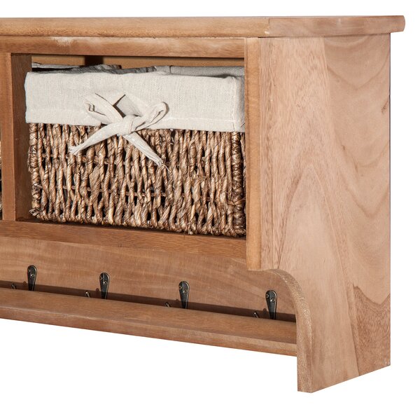 HOMCOM Entryway Coat Rack Wall Mounted Shelf w/ Wicker Basket and Hooks (2 Baskets, Brown)