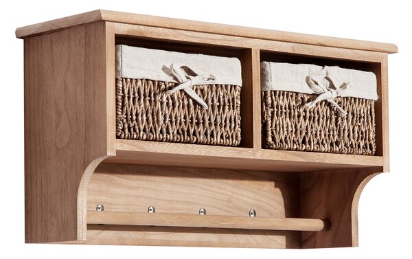 HOMCOM Entryway Coat Rack Wall Mounted Shelf w/ Wicker Basket and Hooks (2 Baskets, Brown)
