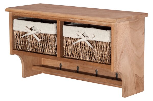 HOMCOM Entryway Coat Rack Wall Mounted Shelf w/ Wicker Basket and Hooks (2 Baskets, Brown)