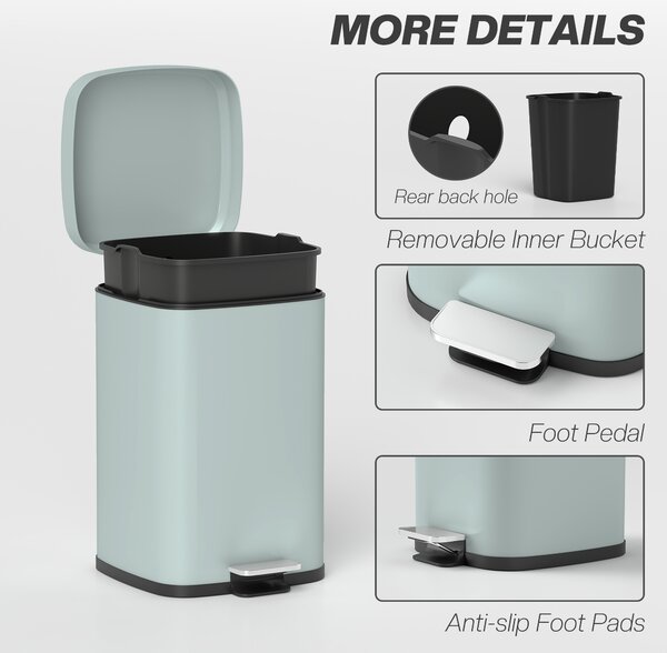 HOMCOM 20L Modern Boxy Metal Home Kitchen Bin - Light Green Aosom UK