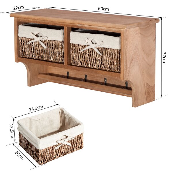 HOMCOM Entryway Coat Rack Wall Mounted Shelf w/ Wicker Basket and Hooks (2 Baskets, Brown)