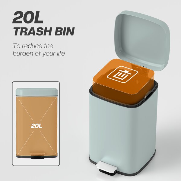 HOMCOM 20L Modern Boxy Metal Home Kitchen Bin - Light Green Aosom UK