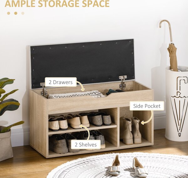 HOMCOM Shoe Storage Bench with Hidden Compartment, Padded Seat Footwear Organiser, Hallway Furniture, Oak Tone Aosom UK