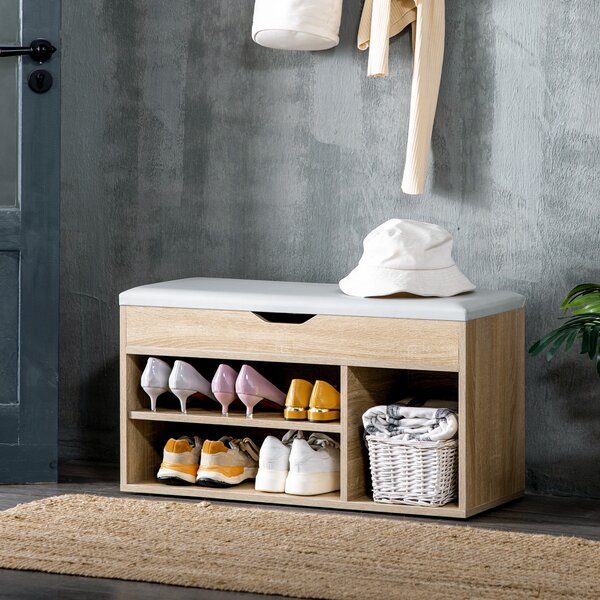 HOMCOM Shoe Storage Bench with Hidden Compartment, Padded Seat Footwear Organiser, Hallway Furniture, Oak Tone Aosom UK