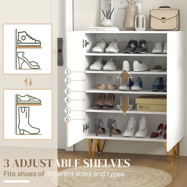 HOMCOM Narrow Shoe Storage Cabinet with Soft-Close Hinges and Adjustable Shelves for 15-20 Pairs of Shoes, White Aosom UK