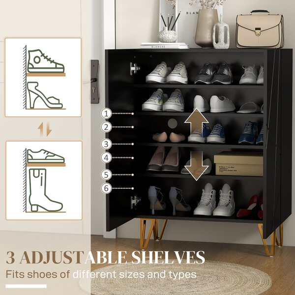 HOMCOM Narrow Shoe Storage Cabinet with Soft-Close Hinges and Adjustable Shelves for 15-20 Pairs of Shoes, Black Aosom UK