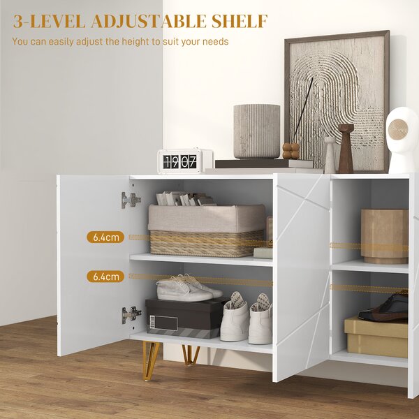 HOMCOM Storage Cabinet with High Gloss Front, Freestanding Sideboard with Adjustable Shelves, Soft-Close Doors and Gold Tone Hairpin Legs Aosom UK