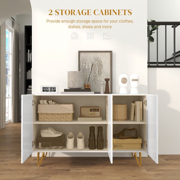 HOMCOM Storage Cabinet with High Gloss Front, Freestanding Sideboard with Adjustable Shelves, Soft-Close Doors and Gold Tone Hairpin Legs Aosom UK