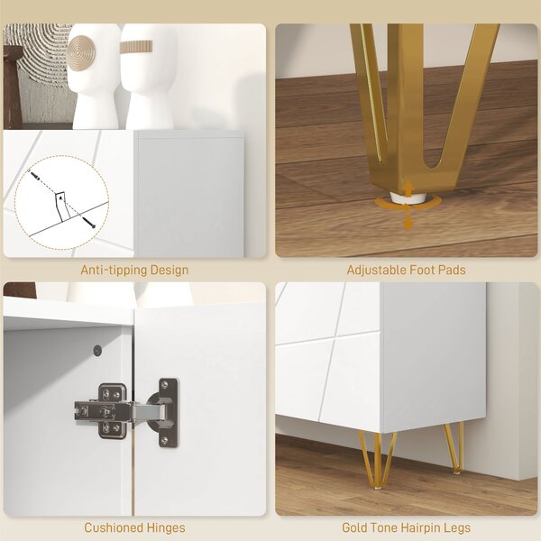 HOMCOM Storage Cabinet with High Gloss Front, Freestanding Sideboard with Adjustable Shelves, Soft-Close Doors and Gold Tone Hairpin Legs Aosom UK